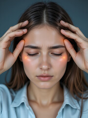 Fototapeta premium Woman suffering from headache, migraine, pain and health problem concept. AI Generative.