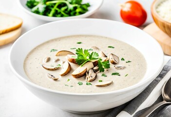 A bowl of mushroom soup on a white plate with a spoon.