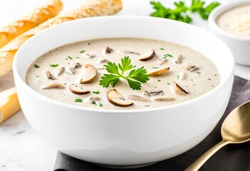 A bowl of mushroom soup on a white plate with a spoon.