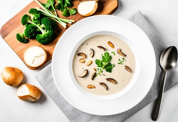 A bowl of mushroom soup on a white plate with a spoon.