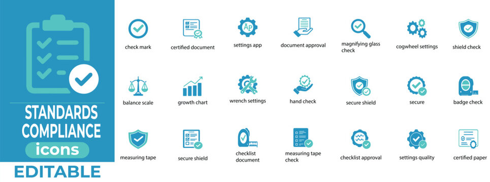 Premium editable standards compliance vector icons for quality control, industry regulations, and certifications. Clean, scalable, versatile