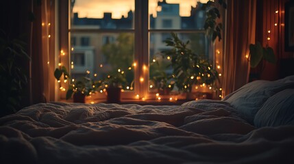 Warm evening light streams through a cozy bedroom window.