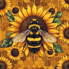 Close up view of a bumblebee centered on a vibrant sunflower, surrounded by other sunflowers and a honeycomb background with dripping honey. The image uses a detailed, almost pixel art like style