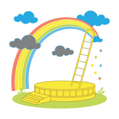 Empty yellow podium, rainbow, clouds, art and illustrator isolated on white background