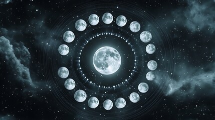 Mystical depiction of the moon cycle against a dark, starry sky. The full moon is central, surrounded by phases of the moon in a circular pattern.  Dark blue and gray tones dominate, creating a