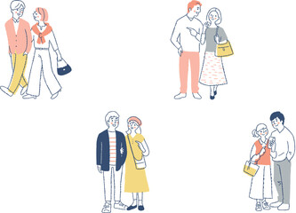 一緒に歩いているカップル4組　セット