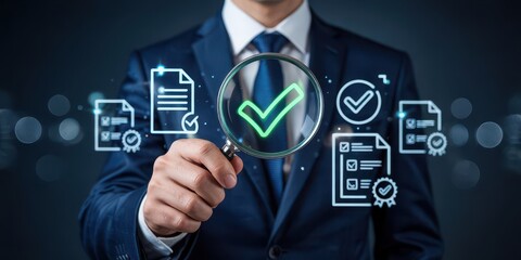 Businessperson examines approval process with magnifier.