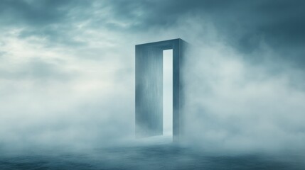 Mysterious doorway in foggy landscape