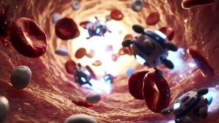 Cinematic microscopic shot of advanced nanobots repairing damaged cells inside a blood vessel - Powered by Adobe