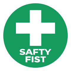 Obraz premium Green circular safety sign, white cross symbol, bold white text 