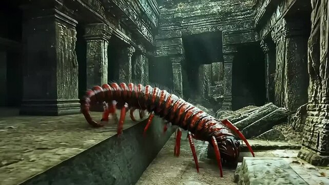 Giant centipede crawling through ancient ruins with sunbeams illuminating the scene