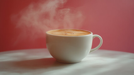 Obraz premium A steaming cup of coffee sits on a white table with a pink background