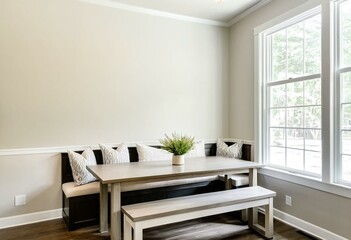 Fototapeta premium A dining room with a wooden table and benches.