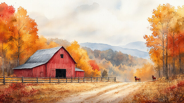 A red barn stands in a field with two horses in the distance, surrounded by fall foliage and rolling hills