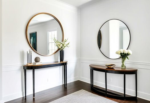A black and gold console table with a mirror above it.