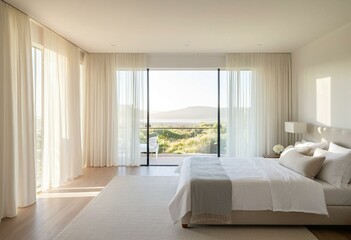 Fototapeta premium A bedroom with a large bed and a view of the ocean.