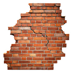 Cracked red brick wall on transparent background.
