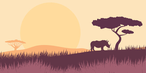 Savannah Landscape with Wild rhinoceros in a sunset savannah with acacia trees. Safari scene in warm tones, perfect for nature or travel themes.