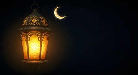 Glowing Arabic Lantern and Crescent Moon for Ramadan Kareem Celebration