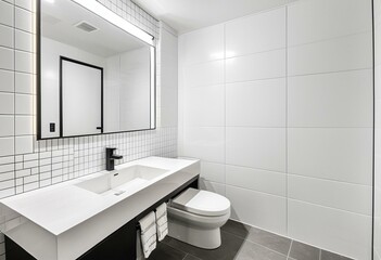 A bathroom with a toilet, sink and mirror.