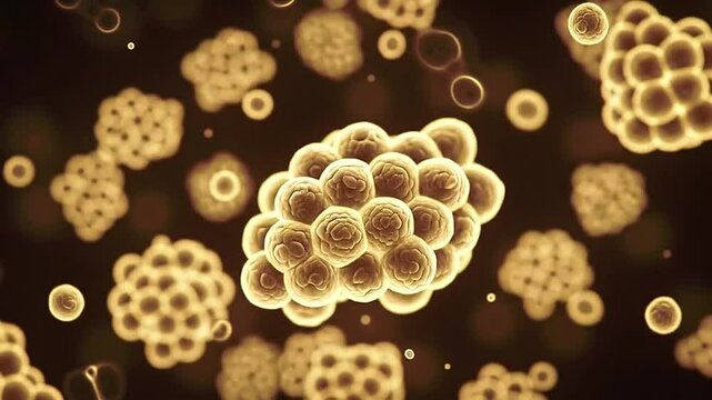 Microscopic zoom-in on Staphylococcus aureus forming grape-like clusters of round cocci