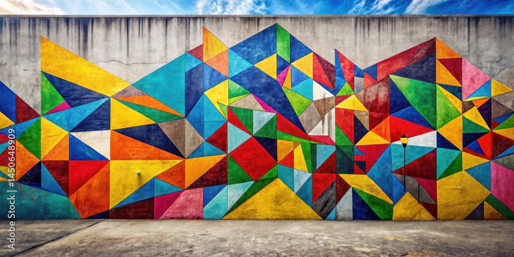 Aufkleber A colorful geometric mural adorns a concrete wall, creating a captivating display of abstract shapes and vibrant hues.