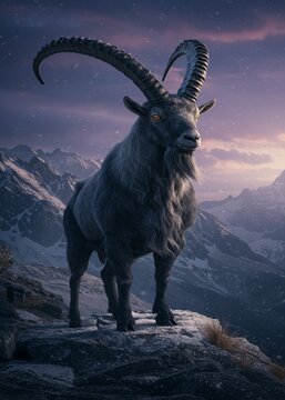 Un majestuoso y musculoso macho cabr&iacute;o, la personificaci&oacute;n de Capricornio, se yergue orgulloso en la cima de una monta&ntilde;a azotada por el viento.