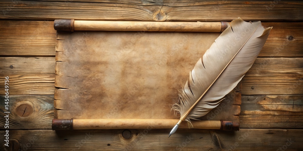 Aufkleber a parchment scroll and quill pen rest atop a rustic wooden surface, ready to capture a tale of adven