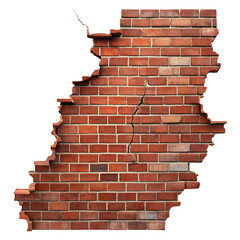 Cracked red brick wall isolated on transparent background.