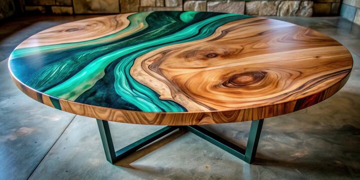 Round wooden table with a green epoxy river flowing through the center, featuring a natural wood grain finish and a sleek black metal base