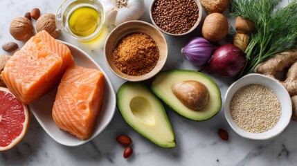 A beautiful arrangement of anti-inflammatory foods is displayed on a marble countertop. Salmon fillets, avocados, citrus fruits, nuts, and various spices showcase their vibrant colors and textures
