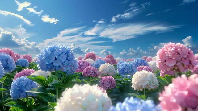 満開のアジサイ畑と遠くに見える山並みの風景