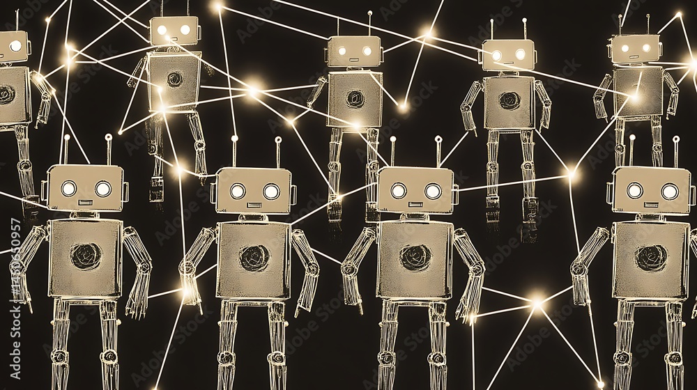 Poster network of interconnected beige robots with glowing lines against a dark background. the robots have