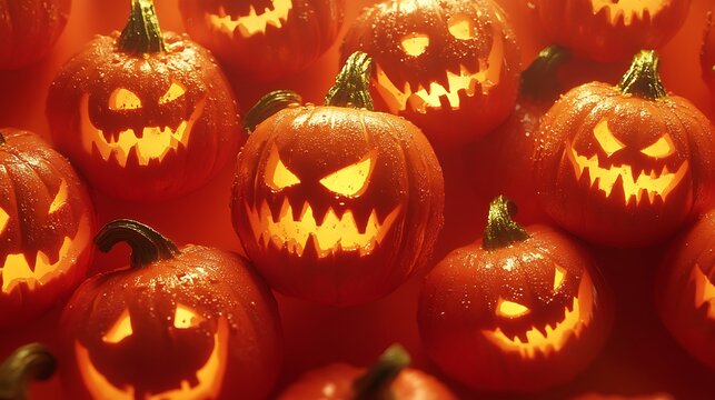 Spooky pumpkins with sinister expressions glowing on a textured orange background