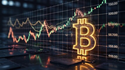 Glowing Bitcoin Symbol Overlays Rising Cryptocurrency Market Gra