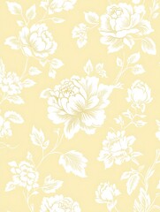 Pale yellow background with a repeating pattern of white roses and leaves. The roses are detailed and slightly stylized, creating a delicate and elegant design. The pattern is evenly spaced, suitable