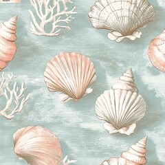 Seamless pattern featuring pastel pink and white seashells, coral branches on a light teal blue textured background. The image evokes a calm, coastal atmosphere