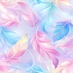 Obraz premium Pastel colored feathers float on a soft, light purple background. The feathers are in various shades of pink, blue, and yellow, and are depicted in a gentle, almost weightless manner. The image has a