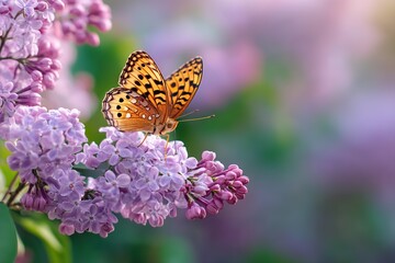 Obraz premium Butterfly resting on blossoming lilac flowers in a tranquil garden setting