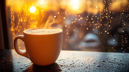 Obraz premium A steaming cup of coffee sits on a windowsill, with rain drops on the surface and a golden sunset blurring in the background