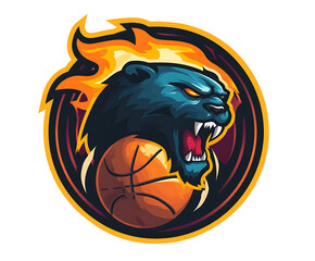 Fiery panther head roaring, clutching a basketball; a dynamic sports logo.