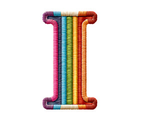 Rainbow-colored thread embroidered capital letter I, isolated on white background.