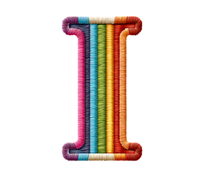 Rainbow-colored thread embroidered capital letter I, isolated on white background.