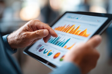 Innovative use of AI technology with hologram tablet displaying vibrant data visualizations