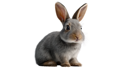 An adorable grey bunny rabbit sits against a plain white background, showcasing its soft fur and long ears.