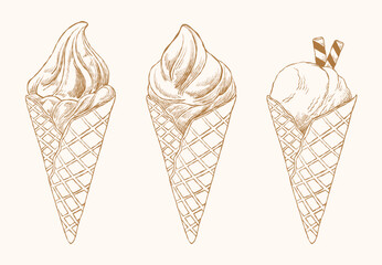 Vintage Ice Cream Cone Illustration in Hand Drawn Style. Scoop Ice Cream in Waffle Cones.