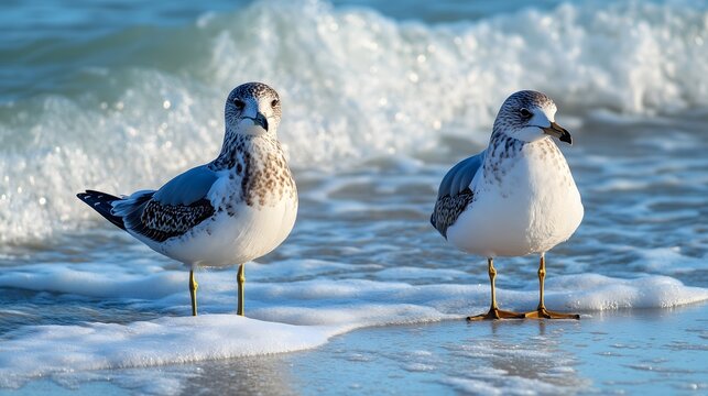 Seagulls stand at shoreline as ocean waves crash onto sandy beach during sunset