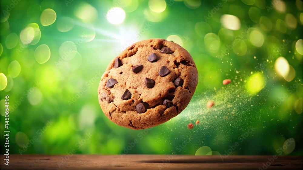 Poster a chocolate chip cookie suspended in time, with a soft green blurred background and a wooden tableto