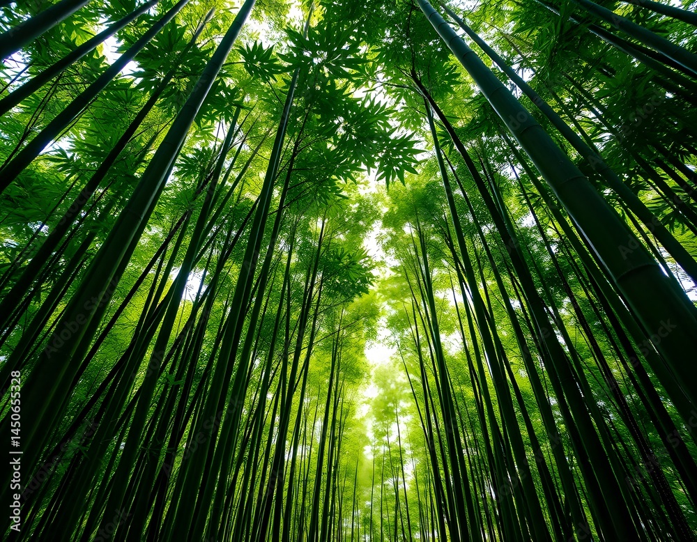 Poster serene bamboo forest scene with sunbeams. a lush green bamboo forest with towering stalks provides a