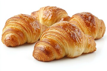 Three golden-brown croissants on white background, freshly baked, flaky, buttery, delicious pastry.